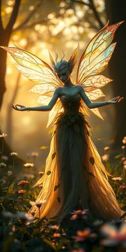 This digital artwork features a captivating fairy-like woman with an ethereal presence. She has striking white hair and a pointed nose, with her arms gracefully extended to her sides. Her attire is a blend of nature and elegance, consisting of a strapless dress adorned with green leaves and a sheer, flowing skirt that transitions from green to a golden hue. The fairy's wings are particularly mesmerizing, with a total of eight pairs—four on each side—shimmering in shades of gold, blue, and orange. She stands amidst a lush field of flowers, with the foreground and background blurred to emphasize her figure. The scene is bathed in a warm, golden light, suggesting either sunrise or sunset, which enhances the magical and serene atmosphere of the image.