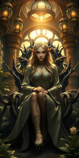 The image depicts a highly detailed, computer-generated fantasy scene featuring a female elf-like character seated on an ornate throne. The character has long, flowing blonde hair and distinctively pointed ears, reminiscent of a fairy or elf. She is adorned in a long, flowing green dress with intricate gold embroidery, and a matching green cape. Her attire includes a striking necklace with a red gem at its center. The elf's legs are crossed, revealing her bare skin and a high-heeled sandal with straps that extend up her legs. She sits on a throne made of twisted, gnarled wood, which adds to the mystical ambiance of the scene. The background showcases a grand, cathedral-like setting with large, arched windows and columns, illuminated by a bright light that casts a golden glow over the entire image. The overall color palette is dominated by greens, golds, and browns, enhancing the ethereal and magical atmosphere of the scene.
