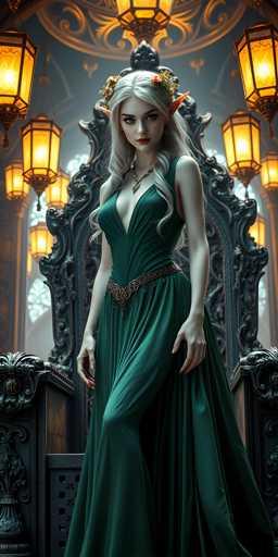 The image depicts a highly detailed, computer-generated fantasy character of a female elf. She stands in a dimly lit, ornate room with a gothic aesthetic, characterized by intricate metalwork and numerous lanterns hanging from the ceiling. The elf has long, flowing white hair adorned with a floral crown, and her pointed ears are visible. She is dressed in a dark green, sleeveless gown with a plunging neckline, cinched at the waist with a gold belt. Her red lips and brown eyes add to her ethereal appearance. The elf's right leg is slightly bent, and she stands with her hands at her sides, exuding a poised and regal demeanor. Behind her is a grand, throne-like chair, further emphasizing her royal presence in this medieval fantasy setting.