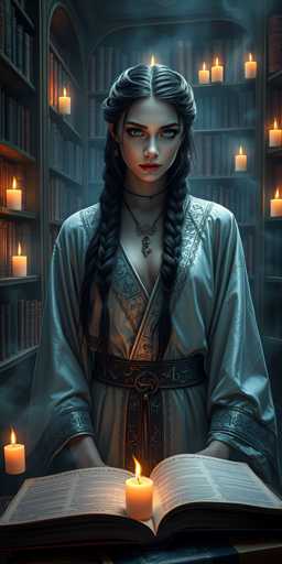 The image depicts a young woman with long, dark hair styled in two braids that fall over her shoulders. She has striking blue eyes and is wearing a light blue, silk-like dress with intricate designs and a black belt. The dress features a V-neckline adorned with a silver pendant. She is seated at a table, holding an open book with a candle placed in the middle of the pages, its flame flickering. Surrounding her are numerous other lit candles, casting a warm glow that illuminates the scene. Behind her, a large bookshelf filled with books adds to the ambiance, suggesting she is in a library or study. The overall atmosphere is one of quiet contemplation and scholarly pursuit.