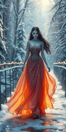 In this captivating image, a woman with long, flowing brown hair and striking red lipstick is walking down a snow-covered bridge. She is adorned in a stunning, sleeveless dress that transitions from a deep red at the top to a vibrant orange at the bottom, with a sheer, flowing skirt that catches the light. The dress is intricately detailed with silver embellishments, including a prominent silver belt and a large silver buckle at the waist. Her ensemble is complemented by dangling earrings and a delicate necklace. The bridge, which features black railings and a concrete base, is blanketed in snow, creating a picturesque winter scene. Surrounding the bridge are tall trees, their branches laden with snow, adding to the serene and magical atmosphere. The woman's head is tilted downward, her gaze directed towards the ground, as she makes her way through this enchanting landscape.