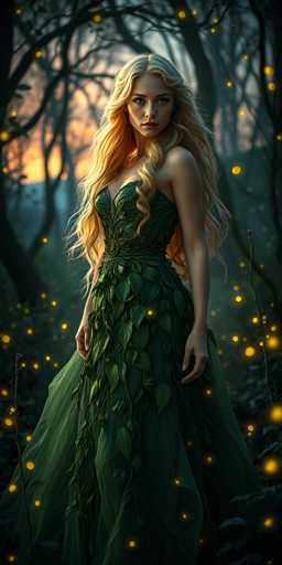 The image depicts a young woman with long, wavy blonde hair cascading down her back, standing in a dark, dense forest. She is wearing a green dress adorned with leaf patterns, which appears to be made of leaves, and the dress has a sheer, flowing bottom. Her blue eyes gaze directly at the viewer, and her lips are slightly parted. The forest around her is filled with bare trees, and the ground is covered with leaves. Fireflies of varying sizes, glowing in shades of yellow and orange, are scattered throughout the scene, adding a magical ambiance. The sky in the background is a mix of orange and blue hues, suggesting either a sunrise or sunset. The overall atmosphere is enchanting and otherworldly, reminiscent of a fairy tale setting.