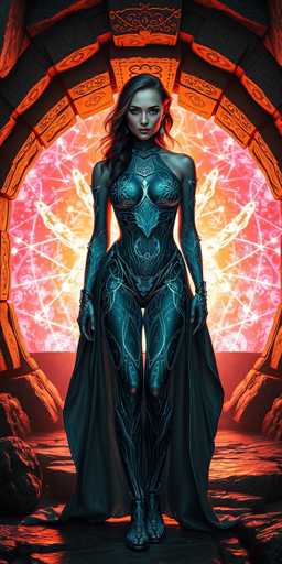The image depicts a striking, computer-generated female character standing in a dramatic, otherworldly setting. She is adorned in a sleek, form-fitting bodysuit that appears to be made of a metallic or leather material, predominantly black with intricate blue and white designs. The bodysuit features a distinctive V-shaped cutout at the chest, revealing her cleavage, and extends into a long, flowing cape that reaches the ground. Her attire is complemented by matching boots and gloves, adding to her formidable appearance.

The character's long, dark brown hair cascades over her right shoulder, and she has a pale complexion with a hint of blue. Her expression is serious, with her gaze directed straight at the viewer, exuding confidence and power.

She stands on a rocky surface, with a large, circular portal behind her. This portal is framed by an archway constructed of black stone with red accents. The interior of the portal is a mesmerizing blend of pink, orange, and yellow hues, adorned with intricate white lines and shapes that resemble celestial constellations or energy patterns. The overall scene evokes a sense of mystery and grandeur, suggesting a gateway to another dimension or a realm of cosmic significance.