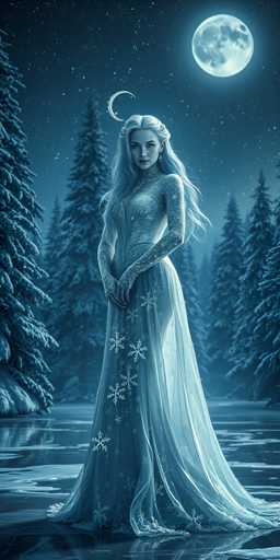 A woman stands on a frozen lake under a full moon, wearing a long white dress with snowflake designs and holding a crescent moon in her hair.