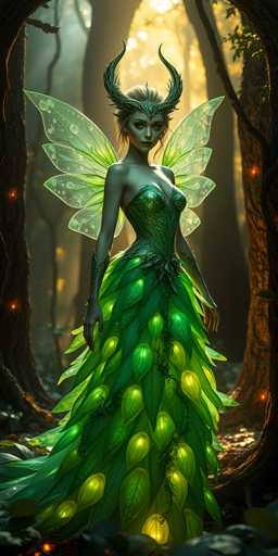 The image depicts a highly detailed, computer-generated fantasy scene featuring a female fairy-like character. She stands in a lush, green forest with sunlight filtering through the trees, creating a serene and enchanting atmosphere. The fairy has a striking appearance with her green skin, short blonde hair, and a crown of green horns that curve upwards. Her attire is a strapless dress made of green leaves, adorned with glowing yellow orbs that resemble flower buds or fruit. She also has delicate, translucent green wings with water droplets on them, and matching green gloves. The fairy's pose is graceful, with her arms hanging down by her sides, and she gazes directly at the viewer. The background is filled with trees, some of which have glowing orange lights, adding to the magical ambiance of the scene.
