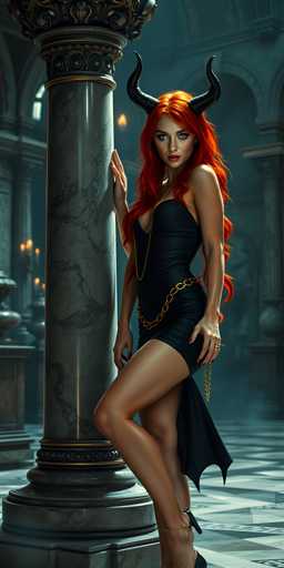 The image depicts a striking, computer-generated woman with long, flowing red hair and black devil horns protruding from her head. She is dressed in a tight, black dress that accentuates her curvaceous figure, and the dress features a dramatic slit on the side, revealing her leg. A gold chain drapes elegantly from her neck down to her waist, complementing the dress. The woman's pose is confident and alluring, with one hand resting on a large, ornate marble pillar that has gold accents. She is wearing black high heels, and a gold anklet adorns her ankle. The background is a dimly lit, grand interior space, possibly a castle or mansion, with dark gray and black marble floors, arched doorways, and walls. Candles in ornate holders are scattered throughout the room, adding to the mysterious and gothic ambiance. The overall scene is dark and moody, with the woman's fiery red hair and devil horns creating a stark contrast against the shadowy surroundings.