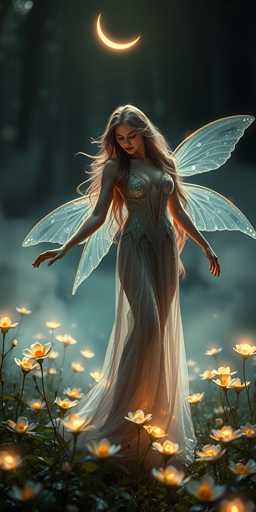 The image depicts a computer-generated, photorealistic scene of a fairy-like woman standing in a lush, green field filled with glowing white flowers that have yellow centers. The fairy has long, flowing blonde hair and is adorned in a sheer, white dress with a gold bodice. She has four translucent, light blue wings with delicate white dots on them. Her arms are outstretched to her sides, and she gazes downward, her eyes closed, as if in a state of peaceful contemplation. The background features a dark, foggy forest with tall trees, and a crescent moon shines brightly in the night sky above her. The overall atmosphere is serene and mystical, with the fairy appearing to be part of a magical, enchanted forest.