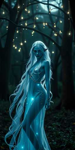 The image depicts a computer-generated, ethereal fairy-like woman standing in a dark, nighttime forest. She has long, flowing white hair that cascades down to her feet, with a slight blue tint. Her pointed ears and intense, dark eyes give her a mystical appearance. She is dressed in a sheer, blue gown adorned with light blue and white sparkles, which reveals her legs. The dress features a silver bra-like top and is complemented by a chain around her waist and a bracelet on her left wrist. The forest around her is dense with tall trees, and numerous fairy lights hang from the branches, casting a magical glow over the scene. The ground beneath her is covered in leaves, adding to the enchanting atmosphere.