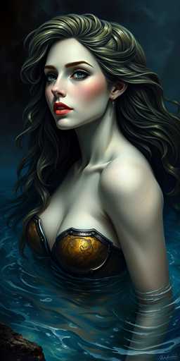 The image portrays a striking, computer-generated woman with long, wavy hair that cascades down to her waist, blending shades of brown, blonde, and gray. She has fair skin, accentuated by bright red lipstick and a touch of blush on her cheeks. Her blue eyes are framed by long eyelashes, and she wears a gold hoop earring. The woman is dressed in a distinctive gold and black brassiere, which features a shield-like design with black trim. She stands waist-deep in water, which is a mix of blue and gray hues, with ripples gently surrounding her. The background is dark, almost black, with a hint of blue in the upper right corner, adding to the dramatic effect. In the bottom left corner of the image, there is a small, dark brown rock. The overall composition is vertical, emphasizing the woman's elegant and somewhat mysterious presence.