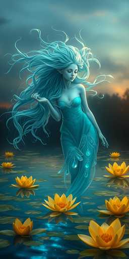 The image is a detailed, computer-generated illustration of a serene, ethereal scene featuring a mermaid-like woman standing in a pond. The woman, who has long, flowing blue hair that extends to her waist, is dressed in a strapless blue dress adorned with intricate leaf-like patterns and water droplets. Her eyes are closed, and she has a peaceful expression on her face. She stands with her right hand raised, fingers gently touching her hair, while her left hand rests by her side. The pond around her is filled with numerous lily pads and vibrant yellow flowers, some of which are partially submerged. The water beneath her is a deep blue, reflecting the light from the sky above. The background showcases a cloudy sky with hues of blue, gray, and orange, suggesting either a sunrise or sunset. The overall atmosphere of the image is tranquil and dreamlike, with the woman appearing almost ghostly as she stands amidst the natural beauty of the pond.