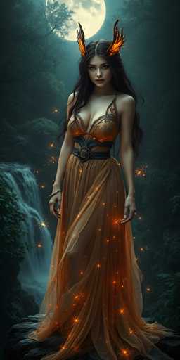The image depicts a young woman, possibly in her late teens or early twenties, standing on a rocky ledge in a dark, nighttime forest. She has long, wavy black hair cascading down to her waist and is adorned with striking orange and black feathered horns protruding from the sides of her head. Her attire is a sheer, orangey-brown dress with a low-cut top, revealing her cleavage, and a black belt cinched around her waist. The dress features a high slit on the left side, showcasing her leg. She accessorizes with a bracelet on her right wrist and a ring on her left hand. The woman gazes directly at the camera with a serious expression, her hands hanging by her sides. Surrounding her are numerous glowing orange and yellow stars, adding a mystical aura to the scene. In the background, a waterfall cascades down the left side, and the full moon casts a soft glow over the dark, shadowy trees and foliage.