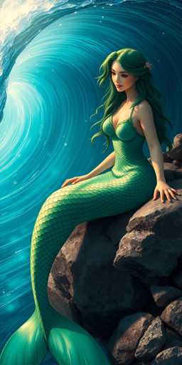 This detailed illustration depicts a mermaid with long, wavy green hair adorned with a pink flower on the right side. She has striking red lips and is wearing a green, scaly one-piece dress that transitions into a fish tail. The mermaid is seated on a large, gray rock, with her hands resting on its surface. Her body is oriented towards the left, but her head is turned to face the viewer, giving a sense of engagement. The background features a swirling blue wave that curves around her, with sunlight filtering through the water, creating a bright, luminous effect. The overall scene is set against a backdrop of blue water, enhancing the ethereal and serene atmosphere of the illustration.