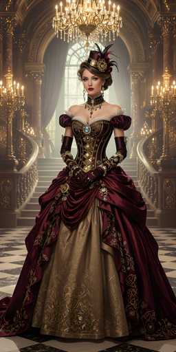 A woman is standing in front of a large window with gold curtains and a chandelier. She is wearing a long, ornate dress that is red and gold in color, paired with a corset and a feathered headpiece. The background features a staircase leading up to the window, adding depth to the scene.