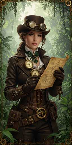 The image depicts a detailed, computer-generated illustration of a young woman standing in a lush, green jungle. She is dressed in an elaborate steampunk outfit, featuring a brown leather jacket adorned with various gears and straps, a corset, and brown leather pants. Her attire includes a green bow tie at her neck, a white shirt, and a brown top hat with a leather band and two circular compasses on the front. She also wears black leather gloves and has a utility belt with multiple pouches and a large gear at the center. The woman, who has brown hair styled in a ponytail and striking green eyes, is holding a yellowed map with both hands, her gaze directed towards the viewer. The background is filled with dense foliage, and the entire image is framed by a thin, golden border with circular gears at each corner.