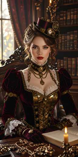 The image depicts a highly detailed, AI-generated portrait of a Victorian-era woman seated at a wooden desk. She is adorned in a luxurious, dark red velvet gown with intricate gold trim and white lace accents. The dress features puffy sleeves, a corset-like bodice, and a high collar decorated with gold chains and medallions. Her hair is elegantly styled in an updo, with loose curls framing her face, and she wears a distinctive top hat embellished with gears and clockwork elements. The woman's makeup is striking, with bold red lipstick and heavy eye makeup, and she accessorizes with dangling earrings and a choker necklace. 

In front of her on the desk lies an open book, a lit candle in a candlestick holder, and various pieces of jewelry, including necklaces and bracelets. The background reveals a wooden bookshelf filled with old books, a window with a red curtain, and a chandelier hanging from the ceiling, adding to the room's Victorian ambiance. The overall scene exudes a sense of historical elegance and meticulous craftsmanship.