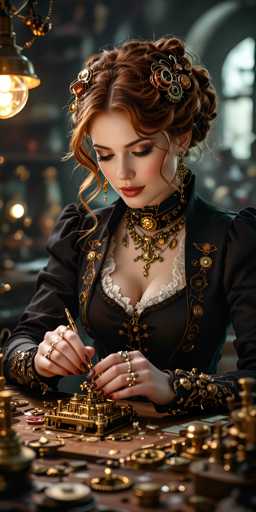 The image portrays a young woman, likely in her 20s, with striking red hair styled in an elaborate updo adorned with intricate gold and bronze gears. She is dressed in a Victorian-inspired black gown, richly decorated with gold accents, including a choker necklace and ornate bracelets. Her makeup is meticulously applied, featuring dark eyeshadow and red lipstick. The woman is seated at a wooden desk, deeply engrossed in her work, which appears to involve intricate gold and bronze gears. She holds a pen in her right hand, poised over the desk, surrounded by various tools and components. The background is blurred, but a window and a hanging light bulb can be discerned, adding to the ambiance of her focused, creative environment.