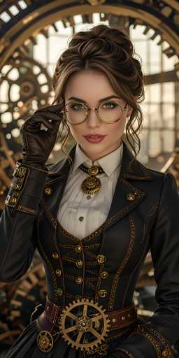This is a highly detailed, computer-generated image of a young woman, likely in her 20s, with a steampunk aesthetic. She has long, dark brown hair styled in an elaborate updo with curly tendrils framing her face. Her striking green eyes are accentuated by large, round, gold-rimmed glasses, and she wears a bold red lipstick. Her attire is a sophisticated blend of Victorian and steampunk elements, featuring a black leather jacket with gold trim, a white button-up shirt, and a black corset-like vest. She also sports a brown leather belt with a prominent gold gear buckle. Her right hand, adorned with a black leather glove, is raised to her glasses, while her left hand rests by her side. The background is blurred but suggests a setting filled with gears and clockwork mechanisms, enhancing the steampunk theme.
