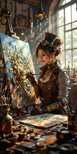 The image depicts a highly detailed, computer-generated scene of a steampunk-inspired woman deeply engrossed in painting a large canvas. The woman, who has brown hair styled in an elaborate updo with a braid cascading down her back, is adorned with steampunk goggles perched atop her head and a brown leather vest over a white blouse. She wears brown leather gloves and a matching leather arm guard, adding to her industrial aesthetic. Her neck is adorned with a choker necklace featuring a skull pendant, and she sports long, dangling earrings. The painting she is working on is a massive, intricate depiction of a golden clockwork gear set against a blue sky, with additional gears and mechanical elements extending from the central gear. The painting is positioned on a wooden easel, and the woman sits at a cluttered desk filled with various art supplies, including paintbrushes and jars of paint. The background reveals a large window with a grid pattern, allowing light to stream into the room, illuminating the scene and casting a warm glow on the artistic workspace.