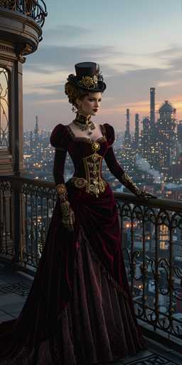In this detailed and evocative image, a woman stands elegantly on a balcony, gazing out over a sprawling cityscape at dusk. She is adorned in a striking, Victorian-inspired outfit that features a long, dark red dress with puffy shoulders and a fitted bodice. Her attire is accentuated with intricate gold detailing, including a corset-like structure and a belt around her waist. She wears black gloves that extend up to her elbows, and her hands are adorned with rings. A large, ornate necklace graces her neck, and a black top hat, embellished with gears and clockwork elements, sits atop her head. Her hair is styled in an elaborate updo, and she wears large, dangling earrings. The balcony itself is made of black wrought iron, and the floor is tiled in gray. Behind her, the city lights begin to twinkle as the sun sets, revealing a mix of industrial smokestacks and buildings with illuminated windows. The scene is framed by a large, ornate window to her left, adding to the grandeur of the setting.