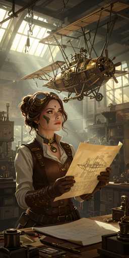 In this detailed digital artwork, a woman stands in a workshop filled with intricate machinery and tools, bathed in natural light streaming through a window. She is dressed in a brown leather vest over a white shirt, with brown leather gloves and a choker necklace. Her hair is styled in a bun, and she wears goggles on her forehead. A distinctive black teardrop shape is painted on her right cheek, complemented by freckles. She holds a piece of paper with a detailed drawing of a flying machine, which appears to be a hybrid between a plane and a helicopter, featuring a propeller at the front and wings. Above her, the flying machine is suspended from the ceiling, adding to the workshop's steampunk aesthetic. The scene is rich with colors including brown, white, black, gray, yellow, and orange, enhancing the intricate and imaginative atmosphere of the setting.