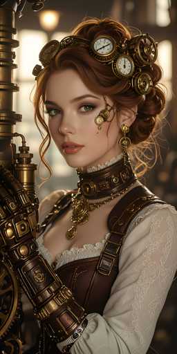 The image depicts a highly detailed, computer-generated portrait of a young woman with reddish-brown hair styled in an elaborate updo. She has striking green eyes and is adorned with intricate steampunk jewelry, including a headband featuring multiple clock faces, a choker with a prominent medallion, and a long earring. Her attire consists of a white, lacy dress with a corset-like bodice, and she wears a leather strap around her neck. The woman's right arm is replaced by a metallic, steampunk prosthetic that extends from her elbow to her hand, complete with gears and clockwork elements. She is posed with her right hand resting on a metallic pole, and she gazes directly at the viewer. The background is blurred, emphasizing her detailed and ornate appearance.