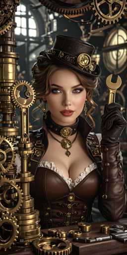 The image depicts a highly detailed, computer-generated portrait of a young woman in her 20s, set against a steampunk-inspired background filled with gears, pipes, and clockwork machinery. She has fair skin, brown hair styled in an updo with some curls framing her face, and striking green eyes. Her lips are painted a vivid red. She wears a black top hat adorned with gears and a leather band, and her hair is accessorized with blue and gold earrings. 

Her attire consists of a brown leather corset with gold buckles, layered over a white frilly shirt. A black choker with a gold pendant sits around her neck, complementing her overall steampunk aesthetic. She is holding a gold wrench in her left hand, which is gloved in a brown leather glove that extends up to her elbow. 

In front of her is a wooden table cluttered with various tools, including a gold gear and other metallic objects. The background features a large window with a grid pattern, allowing light to filter through, enhancing the intricate details of the scene. The entire composition exudes a sense of mechanical wonder and Victorian-era elegance.