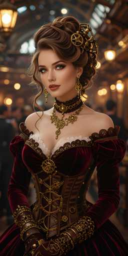 The image portrays a highly detailed, computer-generated or AI-generated depiction of a young woman in her 20s, dressed in an elaborate steampunk-inspired outfit. She stands in a grand, ballroom-like setting with a high ceiling, large windows, and numerous gas lamps that bathe the room in a warm, yellow glow. The background is blurred, but hints of other people can be seen, adding to the ambiance of a sophisticated gathering.

The woman has fair skin and striking blue eyes, accentuated by her heavy makeup, including dark eyeshadow and red lipstick. Her hair is styled in an intricate updo, adorned with a golden gear-like accessory that resembles a barrette. She wears long, dangling earrings that feature circular designs.

Her attire is a luxurious velvet dress in a deep burgundy or maroon color, with puffy sleeves that taper into tight gloves. The dress is low-cut, revealing a bit of cleavage, and is embellished with intricate gold and bronze gears, cogs, and chains that run from her neck down to her waist. A choker necklace with a gear motif complements the dress, and she also wears a medallion necklace with gears and a central pendant. The overall effect is one of opulence and fantasy, blending Victorian elegance with steampunk elements.