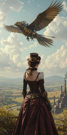 The image depicts a detailed, computer-generated scene of a woman standing on a hillside, gazing out over a vast valley. She is dressed in an elaborate steampunk-inspired outfit, featuring a long, flowing burgundy dress with intricate gold swirls, a corset-like bodice, and white puffy sleeves. Her attire is complemented by long gloves, a top hat adorned with gears and a gold cross, and her hair is styled in a bun with a few loose curls. A mechanical device is visible on her back. In the foreground, a large, metallic bird with golden wings and mechanical details soars through a blue sky filled with white clouds. The valley below is a patchwork of green fields, trees, and roads, with a mountain range in the distance. To the right, an industrial city with smokestacks and factories adds a contrasting element to the serene landscape.