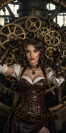 The image depicts a young woman, likely in her 20s, with long, dark brown hair styled in curls. She is dressed in a steampunk-inspired outfit, featuring a brown leather corset with gold buckles and a white frilly top. Her attire includes brown leather gloves that extend to her elbows, a choker necklace with a pendant, and fishnet stockings. She has striking blue eyes and red lipstick, adding to her dramatic appearance. The woman is posed with her hands on her hips, exuding confidence. Behind her is a large, intricate machine adorned with numerous gold gears and cogs, suggesting a steampunk aesthetic. The background includes a window with black frames, through which light filters in, adding depth to the scene. The overall composition and details suggest that this image might be AI-generated.