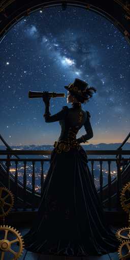 The image depicts a woman in a Victorian-style, long black dress adorned with gold accents, including a gold belt and a gold corset-like structure. She is wearing a top hat with a feather and a black glove on her right hand, which she uses to hold a large, old-fashioned telescope pointed towards the night sky. The scene is set on a balcony with a black railing, overlooking a cityscape illuminated by numerous lights. The sky above is a deep blue, filled with stars and the Milky Way, creating a mystical atmosphere. Below the balcony, there are gears and cogs, adding to the steampunk aesthetic of the image. The woman appears to be gazing into the distance, possibly contemplating the vastness of the universe.