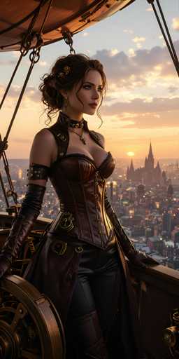 The image depicts a woman in a steampunk-inspired outfit, standing on the edge of a hot air balloon. She is wearing a tight, brown leather corset with gold buckles, paired with black leather pants and long, black leather gloves that extend to her elbows. Her hair is styled in a bun with loose strands framing her face, and she has a black leather choker adorned with gold accents. She is accessorized with dangling earrings and a necklace featuring a gold pendant. The woman is gazing off to the right, with her left hand resting on a wooden railing and her right hand on a large, brown wheel. The background reveals a cityscape at dusk, with the sun setting behind a tall building, casting a warm glow over the scene. The sky is a mix of blue and gray, with clouds illuminated by the setting sun.