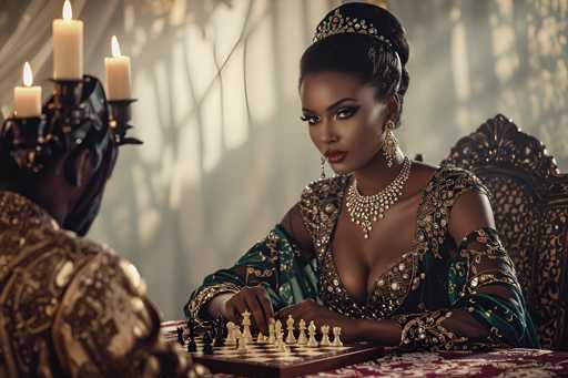 In this captivating image, a woman and a man are engrossed in a game of chess. The woman, seated on an ornate, golden chair, exudes elegance in her green dress adorned with intricate gold designs. Her ensemble is complemented by a sparkling diamond necklace, dangling earrings, and a jeweled headband that crowns her hair. She gazes intently at the chessboard, her expression focused and strategic. Opposite her, the man, whose face is partially obscured, wears a golden crown and a matching golden robe. He sits with his back to the viewer, adding an air of mystery to the scene. The chessboard between them is a striking black and white, with the woman's pieces in pristine white and the man's in deep black. The background is softly blurred, featuring a white wall and a window that allows light to filter through, casting delicate shadows. To the left of the woman, a candelabra holds four lit candles, adding a touch of warmth and ambiance to the setting.