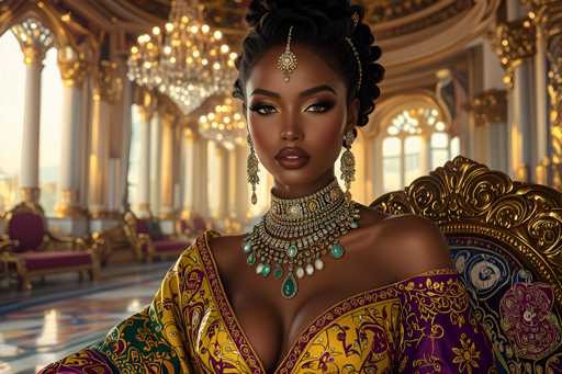The image portrays a highly detailed, computer-generated depiction of a regal African woman, possibly of royalty, seated in an opulent throne room. She is adorned in a luxurious, low-cut dress that is primarily yellow with intricate purple and gold floral patterns. Her attire is complemented by an elaborate, multi-layered necklace featuring turquoise and gold elements, and she wears matching long, dangling earrings. Her hair is styled in an elegant updo, with a gold and silver ornament cascading down the center of her forehead. The room around her is grand, with high ceilings and walls lavishly decorated in gold and white. Large chandeliers hang from the ceiling, casting a warm glow over the space. The throne she sits on is ornate, with a gold backrest and a purple cushion. In the background, there are additional thrones and a window, adding to the sense of grandeur and opulence. The overall scene exudes a sense of majesty and historical richness.