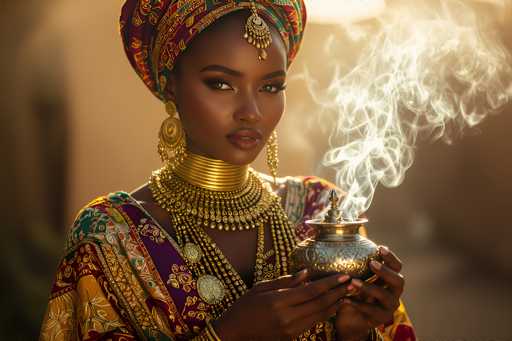 The image depicts a young African-American woman adorned in elaborate traditional attire. She wears a vibrant, multi-colored turban featuring shades of red, yellow, green, and blue, with a golden ornament hanging from the front. Her face is accentuated with makeup, including lipstick and eye shadow, and she sports large, dangling gold earrings. Around her neck, she wears a thick gold choker, complemented by several layers of gold necklaces that cascade down to her chest. Her dress is equally ornate, showcasing a rich palette of gold, red, purple, and green, with intricate floral patterns. In her hands, she holds a small, golden pot emitting white smoke, possibly incense. The background is blurred, highlighting her detailed and colorful ensemble.
