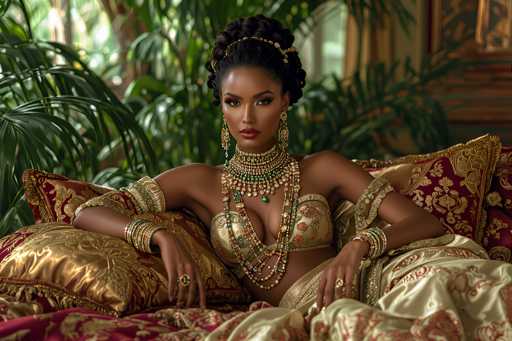 The image portrays a strikingly beautiful woman with dark skin and intricately styled black hair, adorned with a gold headband. She is seated on a luxurious bed draped in rich red and gold fabrics, with matching pillows behind her. Her attire is a stunning gold bra-like top, embellished with red floral patterns and intricate beading. She wears an elaborate array of jewelry, including multiple bracelets on both wrists, several rings on her fingers, and a grand choker necklace that extends down to her belly button. The background features a mix of greenery, possibly palm trees, and a blurred interior with a gold-framed picture and a window, adding to the opulent atmosphere. The woman's expression is serious, and she gazes directly at the camera, exuding an aura of regality and elegance.