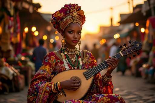 In this vibrant and detailed photograph, a young woman with dark skin is seated in the middle of a bustling street at sunset, playing a stringed instrument that resembles a guitar or banjo. She is adorned in an elaborate, colorful ensemble featuring a long-sleeved dress and a matching turban-like headpiece, both richly decorated with intricate patterns in reds, yellows, and purples. Her attire is complemented by multiple necklaces, bracelets, and bangles, and she wears striking red lipstick. The instrument she holds is light brown with a dark brown neck, and she strums it with her right hand while her left hand supports the neck. The background is blurred, highlighting the woman and her instrument, but you can discern a lively street scene with people walking, lights from shops, and buildings on either side. The setting sun casts a warm glow, adding to the photograph's rich and vivid atmosphere.