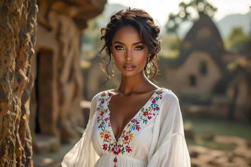 A woman with long dark hair is standing against a stone wall and tree trunk, wearing a white dress decorated with colorful flowers on the bodice. The background features a natural setting of trees and rocks, suggesting an outdoor or rural location.