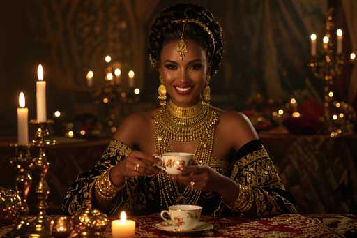 In this captivating image, a woman of African descent is elegantly seated at a table adorned with a luxurious red and gold tablecloth. She exudes grace and sophistication, dressed in a stunning black gown embellished with intricate gold designs. Her attire is complemented by an array of gold jewelry, including a prominent gold necklace, bracelets on both wrists, and a gold headband that gracefully drapes over her forehead. Her long, dark hair is styled in an elegant updo, adding to her regal appearance.

The woman is holding a delicate white teacup with red floral patterns, poised as if about to take a sip. The teacup rests on a matching saucer, and she wears a ring on her finger, adding to her refined look. The table is adorned with several lit candles, casting a warm and inviting glow over the scene. In the background, a candelabra with multiple candles can be seen, further enhancing the opulent atmosphere. The overall setting is rich with gold accents, creating a luxurious and elegant ambiance.