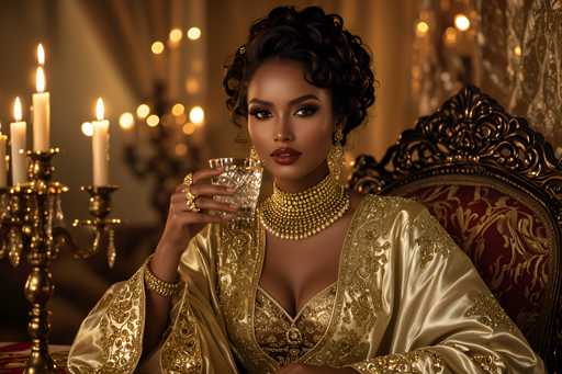 In this AI-generated image, a woman with dark skin and curly black hair styled in an updo is seated in an ornate, gold-trimmed chair with a red cushion. She is adorned in a luxurious, golden robe with intricate floral patterns and a matching golden bra. Her makeup is striking, featuring bold red lipstick, and she wears elegant gold earrings. Around her neck, she sports a thick, golden choker necklace. The woman is holding a small, clear glass cup in her right hand, which is decorated with gold rings on her fingers. To her left, a golden candelabra with four lit candles adds to the opulent atmosphere. The background is blurred, with a mix of white, brown, and gold hues, enhancing the overall sense of grandeur and elegance.