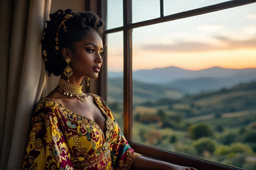 In this captivating photograph, a young woman of African descent is elegantly posed in front of a large, multi-paned window. She is adorned in a stunning, intricately patterned dress that features a vibrant palette of yellow, red, and blue. The dress is low-cut, revealing a hint of cleavage, and its sleeves are long, flowing gracefully over her arms. Around her neck, she wears a thick, ornate choker that adds a touch of regal sophistication to her ensemble. Her ears are decorated with large, dangling earrings that catch the light, drawing attention to her serene expression.

Her hair is styled in an elaborate updo, with a few loose curls framing her face, and it is embellished with delicate gold beads that cascade down the back of her neck. She gazes thoughtfully out the window, her lips painted a soft pink, exuding a sense of calm and contemplation.

The window behind her is divided into several panes, with the central section comprising four large panes. To the left of the window, a beige curtain hangs, adding a subtle contrast to the scene. Through the window, the view is slightly blurred but reveals a picturesque landscape of rolling hills and distant mountains. The sky above is a serene blue, dotted with clouds tinged with the warm hues of a setting sun, casting a gentle glow over the entire scene.