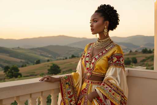 In this captivating image, a woman stands gracefully on a balcony, gazing out over a picturesque landscape. She is adorned in a stunning gold dress embellished with intricate red and green patterns, exuding elegance and cultural richness. Her ensemble is complemented by a matching gold necklace and earrings, adding to her regal appearance. The woman's hair is styled in a sophisticated bun, and she wears striking red lipstick that enhances her features. Her right hand rests gently on the balcony railing, while her left hand is tucked into her dress. The balcony itself is constructed from white stone, providing a stark yet harmonious contrast to the vibrant colors of her attire. Behind her, the landscape unfolds with rolling hills and lush green trees, leading to majestic mountains in the distance. The sky above is a serene blend of white and yellow hues, suggesting the tranquil moments of either sunrise or sunset. The overall scene is a perfect blend of natural beauty and cultural splendor, captured in a moment of serene reflection.