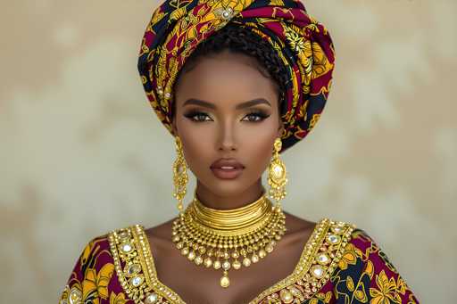This image features a striking portrait of a young African-American woman, likely in her 20s, with a dark complexion. She is adorned in an elaborate outfit that exudes regal and traditional African influences. Her attire includes a vibrant head wrap, predominantly red with intricate gold and black patterns, which elegantly frames her face and hair. Complementing her head wrap are long, dangling gold earrings and a multi-layered gold choker necklace, both embellished with diamonds and pearls. Her dress mirrors the head wrap's color scheme, featuring a rich red fabric with gold and black floral designs. The woman's makeup is meticulously applied, highlighting her brown eyes and full lips, and she gazes directly at the camera with a composed and confident expression. The background is a soft, blurred beige, ensuring that all attention remains on her detailed and ornate appearance.