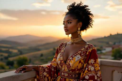 A captivating photograph features a young African-American woman, likely in her early 20s, standing on a balcony with a breathtaking view of rolling hills and distant mountains. The sky is painted in hues of orange and yellow, suggesting either a sunrise or sunset, with wispy clouds adding to the serene atmosphere. The woman, who has dark skin and voluminous, curly hair styled in an updo, is adorned with elegant gold earrings and a choker necklace. She wears a striking red dress with intricate gold floral patterns and a matching sash around her waist. Her pose is graceful, with her right hand resting on the balcony's stone railing, and she gazes off to the left, exuding a sense of contemplative beauty. The overall scene is one of tranquility and natural beauty, perfectly capturing a moment of serene reflection.