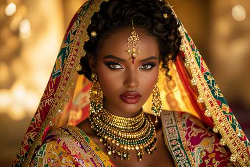 The image depicts a young woman, possibly of Indian or Middle Eastern descent, adorned in traditional attire. She has dark skin and her hair is styled in a curly updo, partially covered by a vibrant, intricately designed veil. The veil features a mix of colors including red, green, gold, and yellow, with a prominent gold trim. A golden ornament, resembling a jewel, hangs from her forehead, extending down to her nose. She wears large, ornate earrings that dangle from her ears, and a thick, elaborate necklace adorned with gold and green beads, which cascades down to her chest. Her makeup is striking, with bold red lipstick and dramatic eye shadow. The background is blurred, with a warm, golden hue, suggesting an indoor setting. The overall composition highlights her regal and traditional appearance.