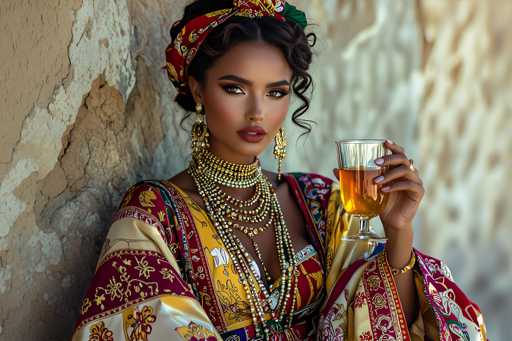 The image depicts a young woman with dark skin and striking features, possibly of Middle Eastern or Indian descent. She is adorned in an elaborate, traditional dress that is predominantly red and gold, with intricate patterns and a low neckline. Her hair is styled in an elegant updo, accentuated by a red headband with gold and green accents. She wears large, dangling gold earrings and multiple strands of gold and white beads around her neck, adding to her regal appearance.

The woman is holding a clear glass with a stem, filled with a light brown liquid, possibly tea or wine, in her left hand. Her nails are painted white, and she wears a ring on her ring finger. The background features a textured, tan-colored wall with patches of white paint, giving it a rustic, almost desert-like feel. The overall composition and her attire suggest a cultural or traditional setting, possibly for a special occasion or ceremony.