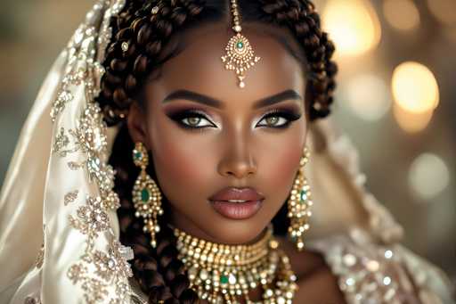 The image shows a woman with long dark hair wearing traditional Indian bridal jewelry and makeup. She is looking directly at the camera with an air of confidence. The background features blurred lights that add depth to the scene.