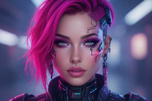 This image is a highly detailed, computer-generated illustration of a young woman who appears to be a cyborg. She has short, vibrant pink hair styled in a side part, with the right side of her head shaved, revealing intricate mechanical components and wires. Her eyes are a striking blue, accentuated by heavy purple eye makeup, and she has pink lips. Her face is adorned with mechanical designs and lines, particularly around her eyes, nose, and mouth, giving her a futuristic appearance. She wears a nose ring and long, dangling earrings. Her attire consists of a black leather jacket with pink accents, and a high-collared, metallic neck piece that extends up to her chin. The background is blurred, featuring a mix of blue, white, and pink hues, with indistinct shapes that could be lights or windows, adding to the overall sci-fi aesthetic of the image.