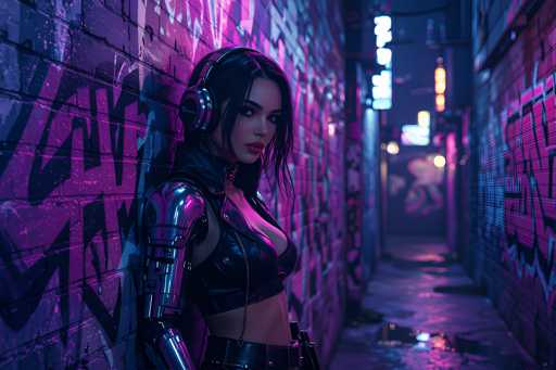 In this highly detailed, computer-generated image, a young woman stands confidently in the middle of a narrow, graffiti-covered alleyway at night. She is dressed in a striking black leather outfit, featuring a cropped top that reveals her midriff and a high collar that extends up to her neck. Her attire is accentuated by a black leather belt with a gun holster on her right hip. Her right arm is mechanical, ending in a metallic hand, while her left arm remains human. She wears large, over-the-ear headphones with a black strap and silver ear cups, and her long black hair cascades down to her chest. The alleyway is illuminated by neon signs, casting a pinkish-purple glow that reflects off the wet ground, suggesting recent rain. Graffiti in shades of pink and purple adorns the brick walls on either side, adding to the vibrant, urban atmosphere. The woman's gaze is directed towards the camera, creating a sense of engagement with the viewer.
