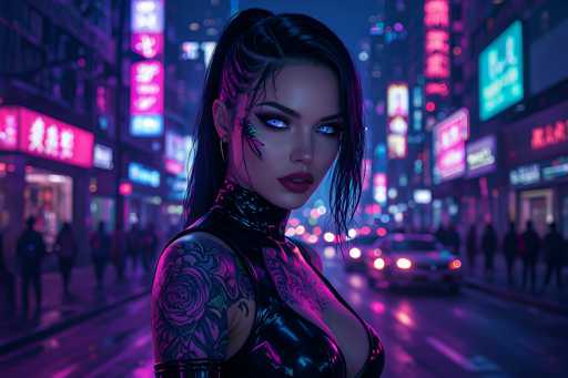 This image is a highly detailed, computer-generated illustration of a young woman standing in the middle of a bustling, neon-lit city street at night. The scene is reminiscent of a futuristic Tokyo, with towering skyscrapers adorned with vibrant neon signs in various colors, including pinks, purples, blues, and greens. The woman, who appears to be of Asian descent, has long black hair styled in a ponytail with a side braid, and her bangs are swept to the side. Her striking blue eyes are accentuated by heavy black eyeliner, and she wears bold red lipstick. She is dressed in a tight, black leather outfit that reveals her shoulders and chest, with intricate tattoos visible on her right arm and chest. The street around her is alive with activity, featuring blurred figures of pedestrians and cars with glowing taillights, all contributing to the dynamic and futuristic atmosphere of the scene.