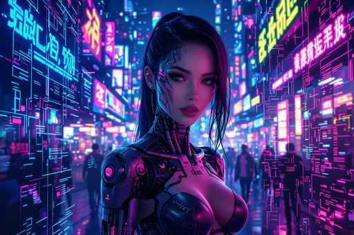 In this highly detailed, computer-generated image, a striking female robot stands prominently in the foreground of a bustling, cyberpunk-style cityscape. The scene is set at night, with towering skyscrapers adorned with vibrant neon signs and billboards displaying text in an Asian language, possibly Japanese or Chinese. The robot, with her long black hair cascading over her shoulders, exudes a blend of human and mechanical features. Her face, framed by dark eyebrows and eyes, is partially visible, revealing a human-like nose and lips. The left side of her face and neck showcase intricate mechanical components, including wires and circuitry, while her right ear is adorned with multiple piercings. She wears a form-fitting black bodysuit that accentuates her large breasts, and her right arm is distinctly mechanical, ending in a pink glowing ball. The background is filled with blurred figures of people walking along the sidewalks, adding to the sense of a busy, futuristic metropolis. The overall color palette of the image is dominated by neon pinks, purples, blues, and yellows, enhancing the cyberpunk aesthetic.